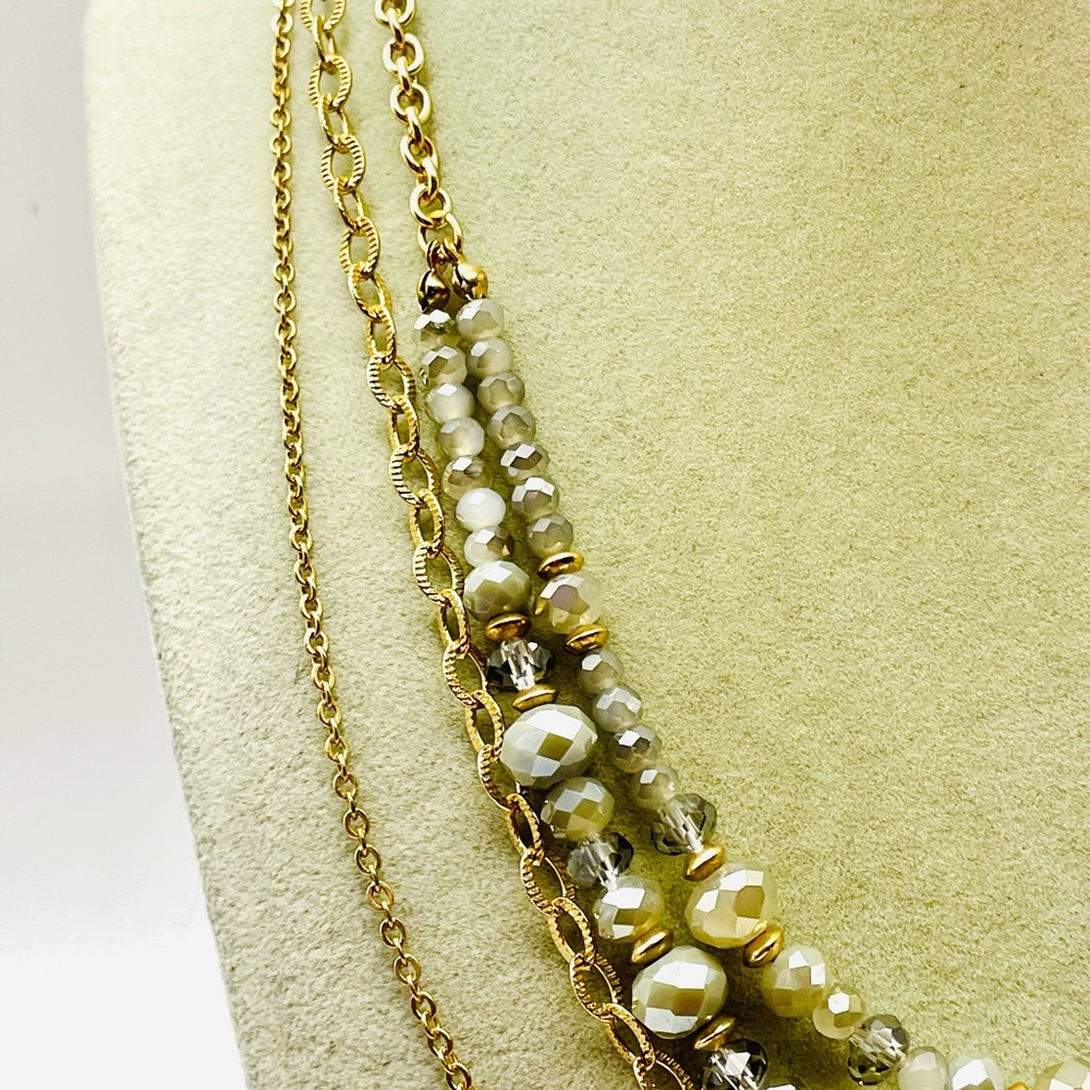 Gray Beaded Multi Row Drape Layered Necklace. Gol… - image 3